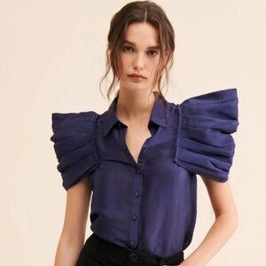 Aureta  Anthropologie Stella Statement Pleated Sleeve Blouse Top Silk Linen S